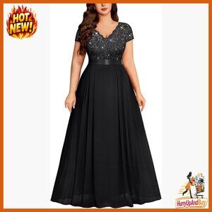 Sequin Floral Lace V-Neck Maxi Dress Elegant Formal Evening Gown